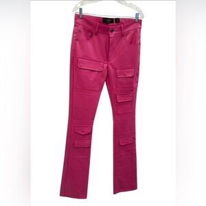 MAJESTIK Neon Hot Barbie Vibrant Pink Flare Stacked Cargo Pocket Pants SZ 32 NWT